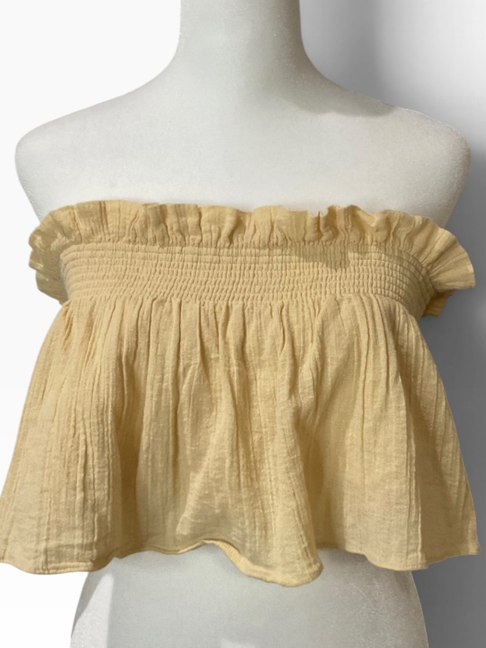 Free People Sea Breeze Pale Yellow Smocked Strapless Ruffle Crop Top